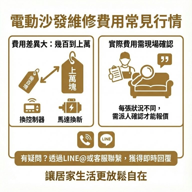 大漢家具提醒,每一張電動沙發的損壞狀況都不同,實際費用需大漢家具派員到現場評估後才能確認