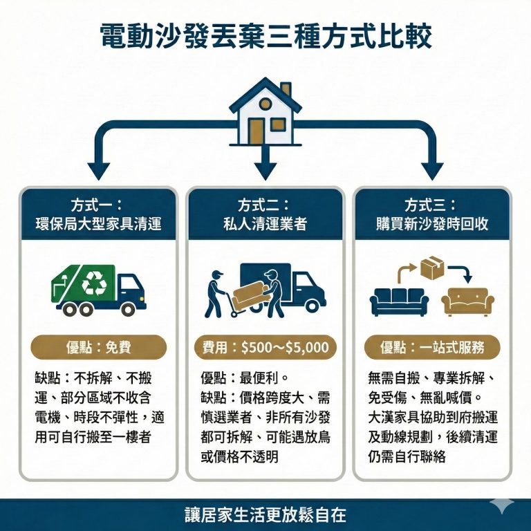 丟棄電動沙發主要有這三種方式，大漢家具可協助將舊沙發搬運下樓，但後續清運還是需顧客自行連絡廠商或清潔隊