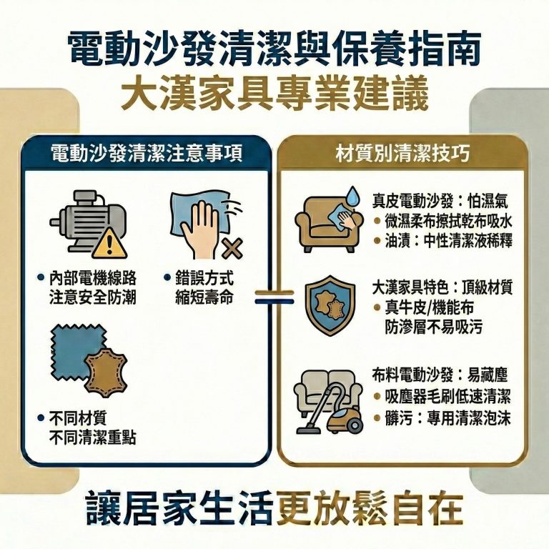 不同材質的電動沙發要對應到不同的清潔方式,大漢家具建議布料跟牛皮的電動沙發可以分別這樣清潔