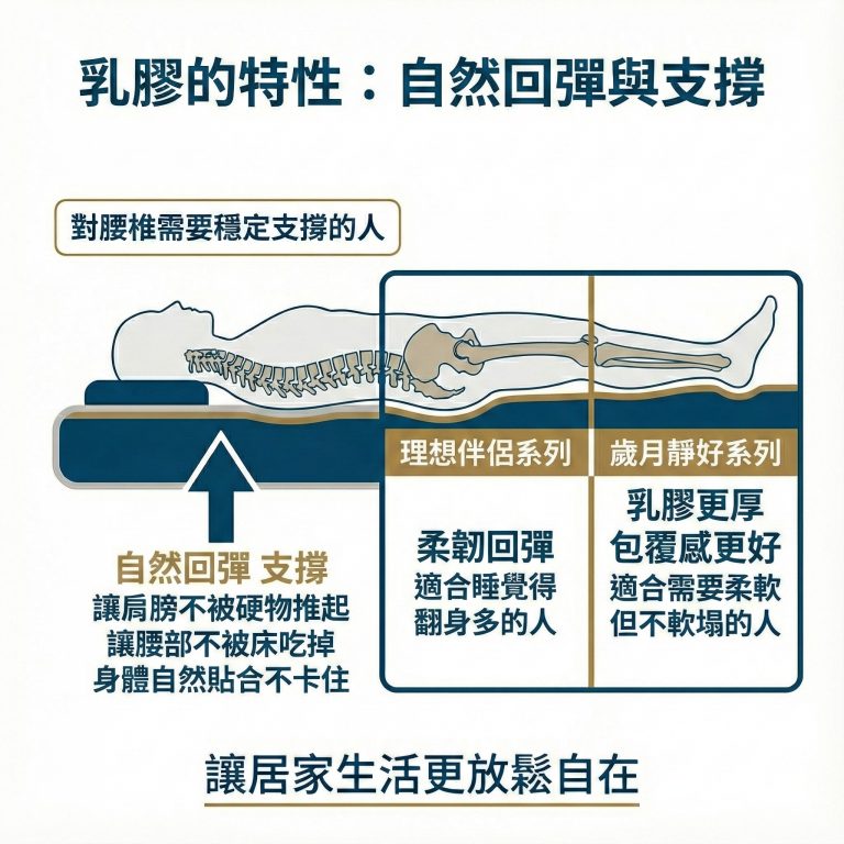 乳膠可以提供自然回彈與支撐，而大漢家具的理想伴侶、歲月靜好系列都有乳膠層，可以依自己的需求挑選合適的產品