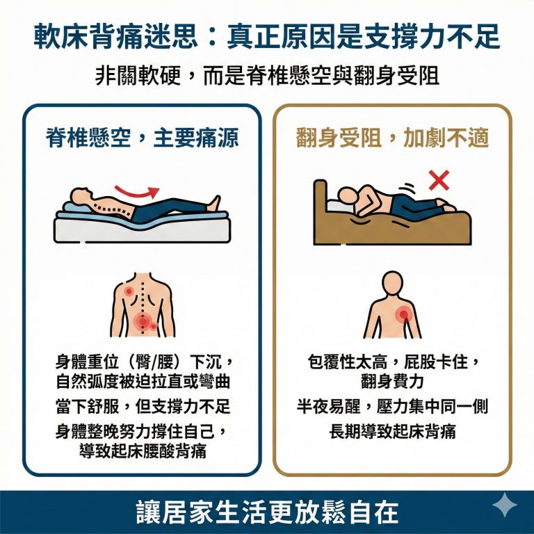 床太軟背痛的原因其實是缺乏支撐，若支撐力足夠，軟床也不需要擔心背痛問題