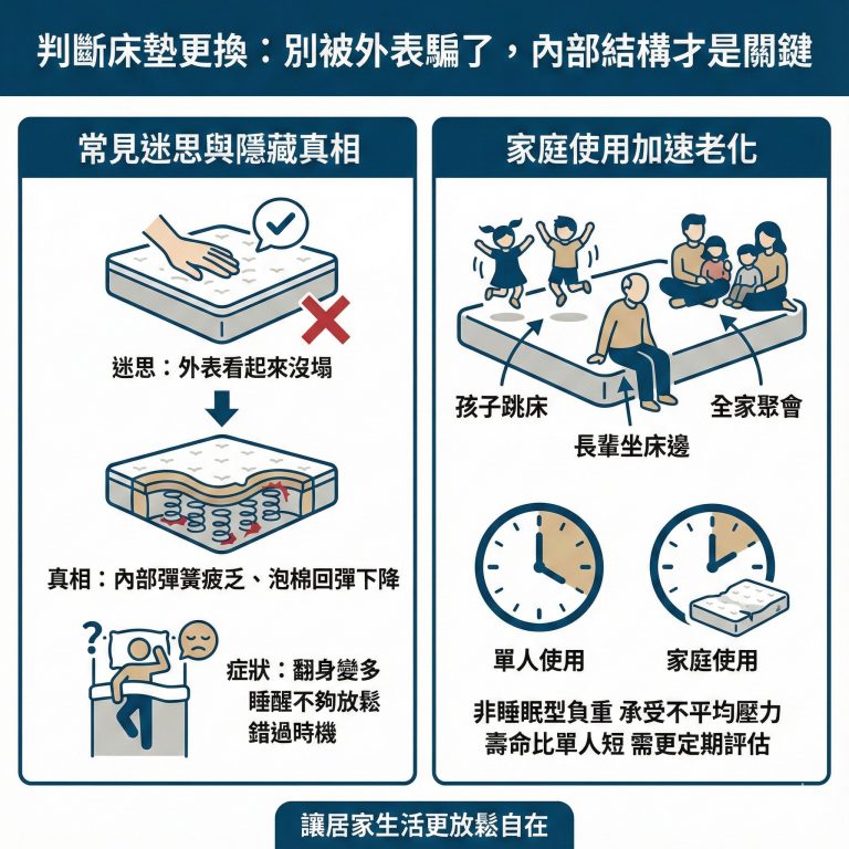 在判斷床墊是否該更換時，需要綜合使用方式與身體感覺來判斷