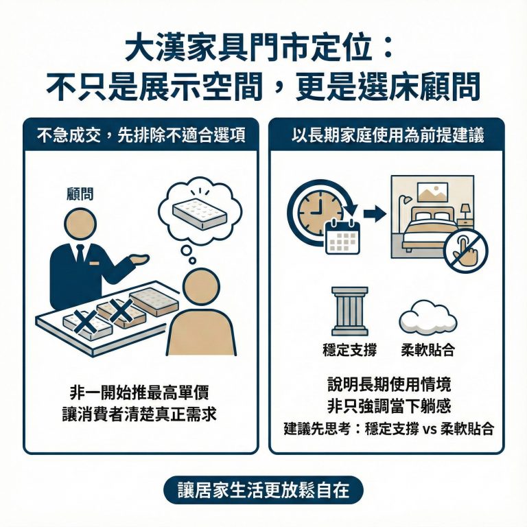 大漢家具門市人員會從長期使用需求來為你推薦最適合的床墊,大漢家具也建議消費者可以先思考自己想要的睡感,門市人員能更快為你找到適合的床墊