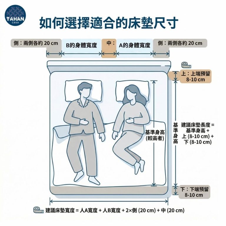 如何選擇適合的床墊尺寸示意圖,說明雙人床墊寬度與長度的計算方式,包含兩側各預留約20公分、中央預留20公分,以及上下各預留8至10公分的選床原則